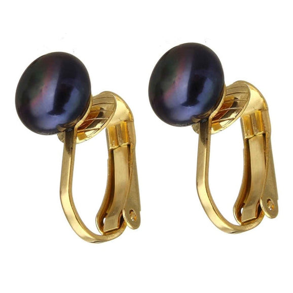 Zoetwater parel clips oorbellen met blauw zwarte parel en goud edelstaal | Gold Black Clip Pearl 8 mm