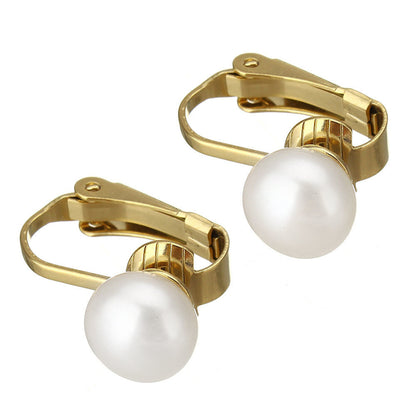Grote witte zoetwater parel clips oorbellen met goud edelstaal liggend | Gold White Clip Pearl 10 mm