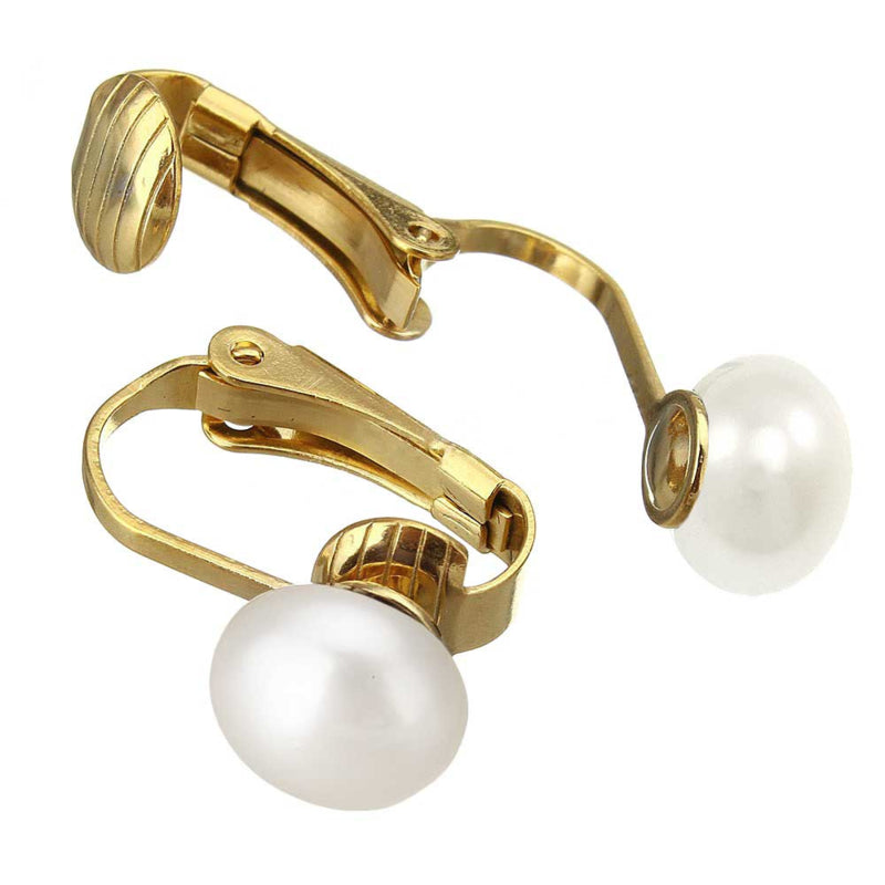 Grote witte zoetwater parel clips oorbellen met goud edelstaal, open clips oorbellen | Gold White Clip Pearl 10 mm