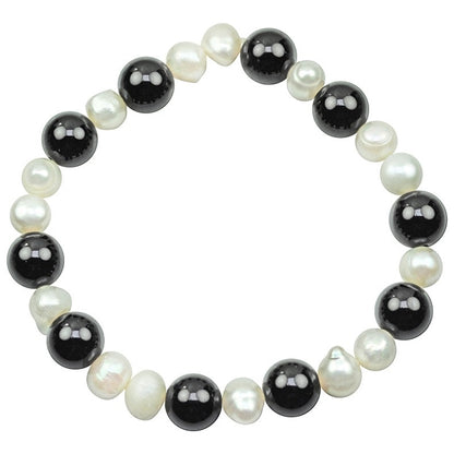 Zoetwater parel armband met zwarte agaat, elastisch | Pearl Black Agate