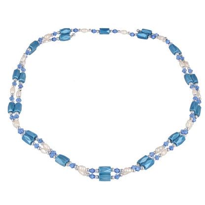 Wit zoetwater parelketting met blauwe magnetiet stenen | Wrap Magnetite Blue Pearl