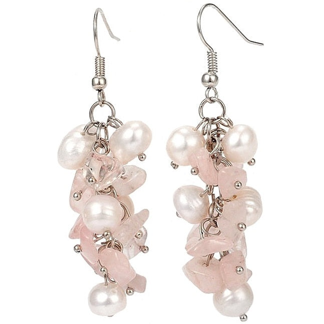 Witte zoetwater parel oorbellen met rozenkwarts en sterling zilver (925) | Pearl Rosé Quartz Chip