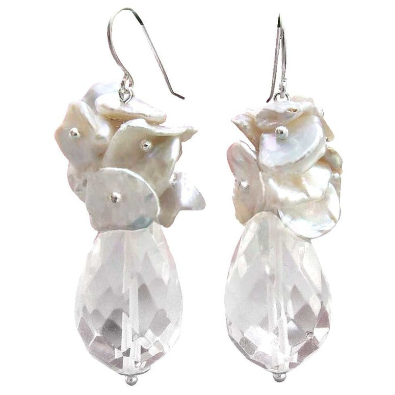 Grote witte zoetwater parel oorbellen met facet geslepen kristal en sterling zilver (925) | Kiomi