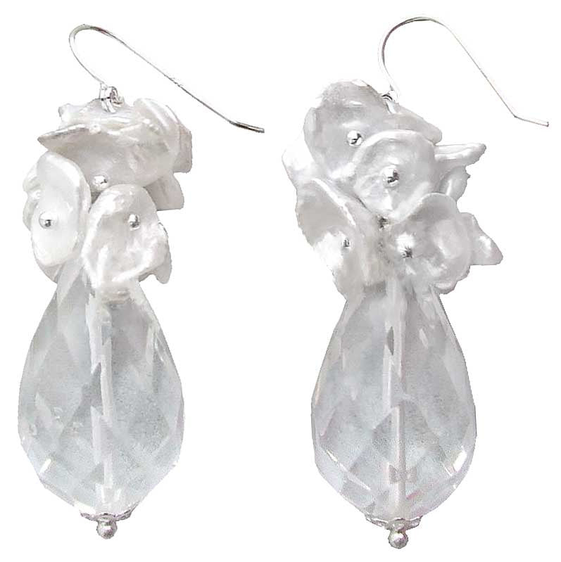 Grote witte zoetwater parel oorbellen met facet geslepen kristal en sterling zilver (925) zijaanzicht| Kiomi