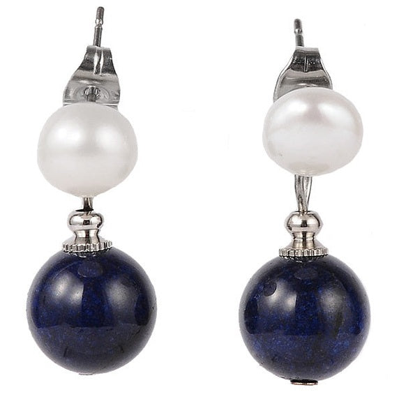 Zoetwater parel oorbellen met witte parel en lapis lazuli | Pearl Stud Lapis Lazuli