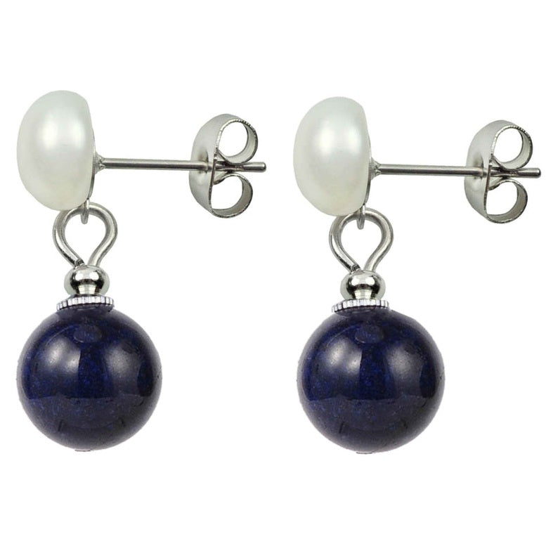Zoetwater parel oorbellen met witte parel en lapis lazuli zijaanzicht | Pearl Stud Lapis Lazuli