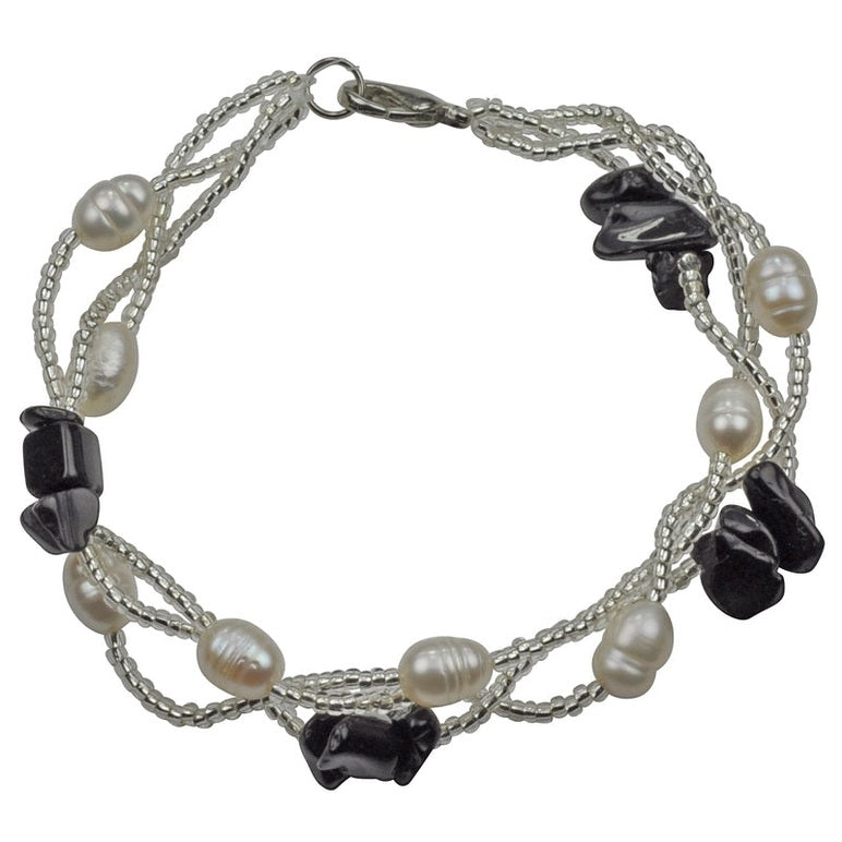 Wit zoetwater parel armband met zwarte agaat | Twine Pearl Black Agate