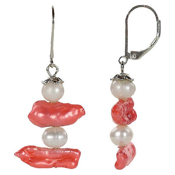 Zoetwater parel oorbellen met witte parel, gekleurde biwa parel en sterling zilver (925) | Biwa Lipstick 