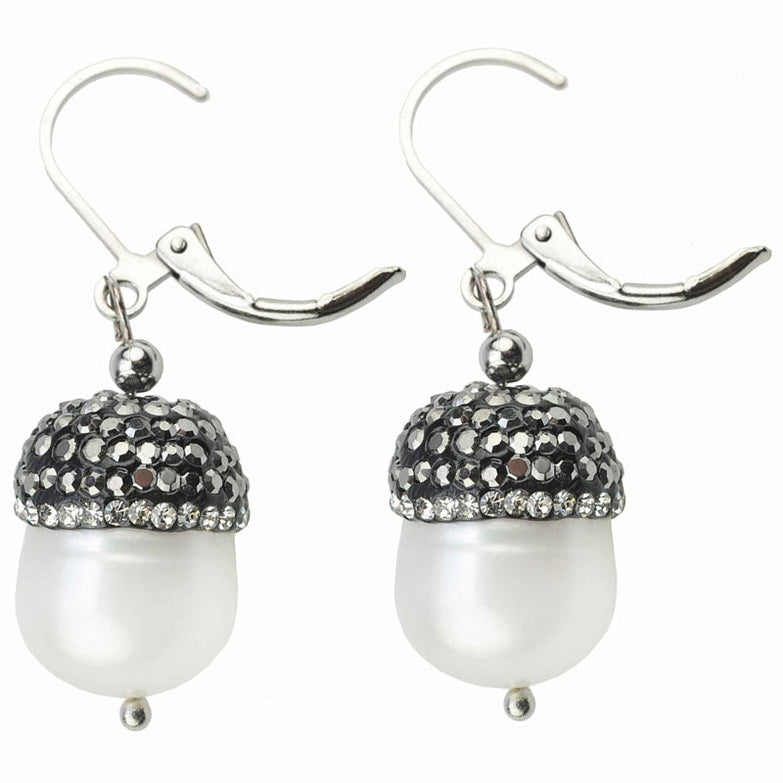 Zoetwater parel oorbellen met witte parel, stras steentjes en sterling zilver 925, zijaanzicht | Bling Pearl Big Nuts