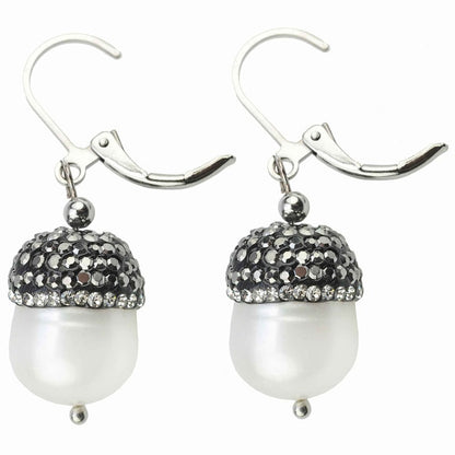 Zoetwater parel oorbellen met witte parel, stras steentjes en sterling zilver 925, zijaanzicht | Bling Pearl Big Nuts