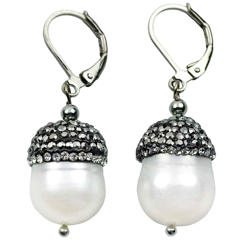 Zoetwater parel oorbellen met witte parel, stras steentjes en sterling zilver 925 | Bling Pearl Big Nuts