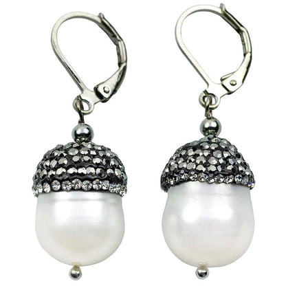Zoetwater parel oorbellen met witte parel, stras steentjes en sterling zilver 925 | Bling Pearl Big Nuts