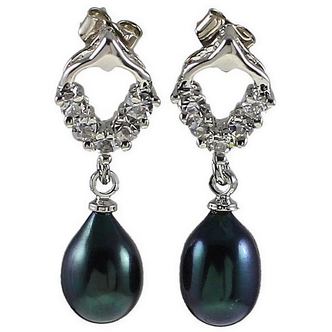 Zwarte zoetwater parel oorbellen met stras steentjes | Bling Pearl Heart B