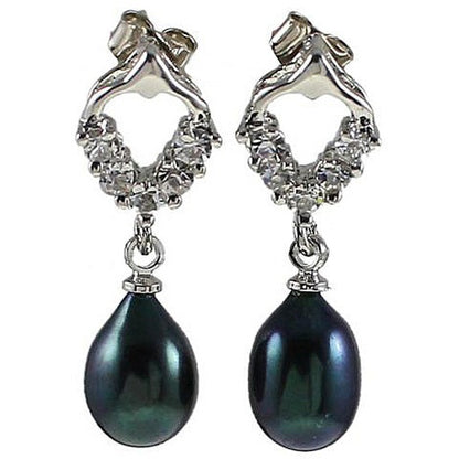 Zwarte zoetwater parel oorbellen met stras steentjes | Bling Pearl Heart B