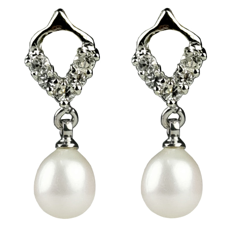 Witte zoetwater parel oorbellen met stras steentjes | Bling Pearl Heart W