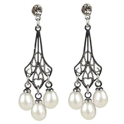 Witte zoetwater parel oorbellen met stras steentje, vooraanzicht | Bling Pearl Jugendstil