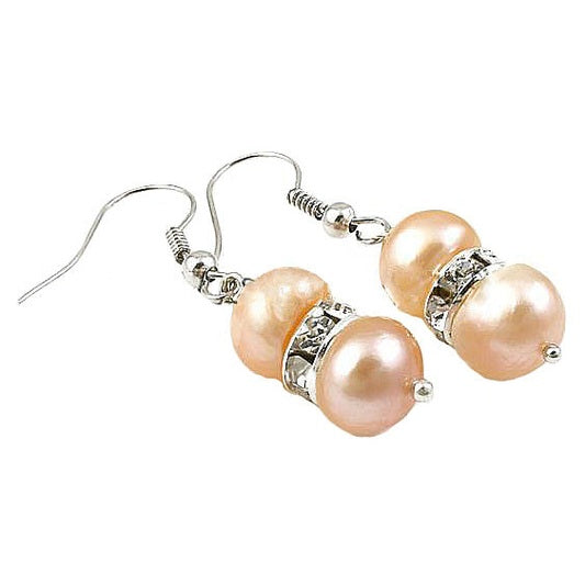 Zoetwater parel oorbellen met zalm kleurige parels, stras steentjes en sterling zilver 925 liggend | Bling Pearl Peach