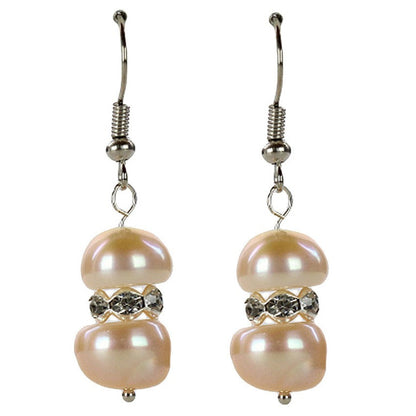 Zoetwater parel oorbellen met zalm kleurige parels, stras steentjes en sterling zilver 925, vooraanzicht | Bling Pearl Peach