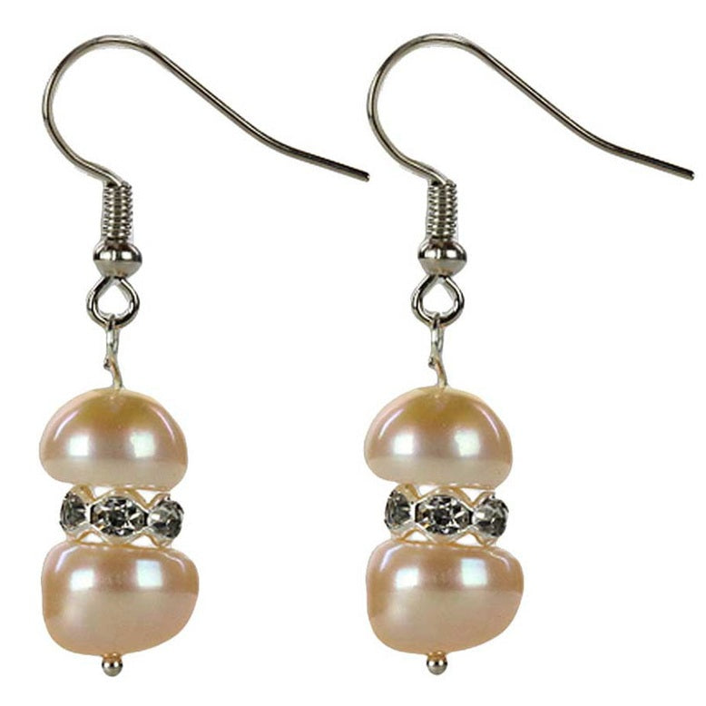 Zoetwater parel oorbellen met zalm kleurige parels, stras steentjes en sterling zilver 925, zijaanzicht | Bling Pearl Peach