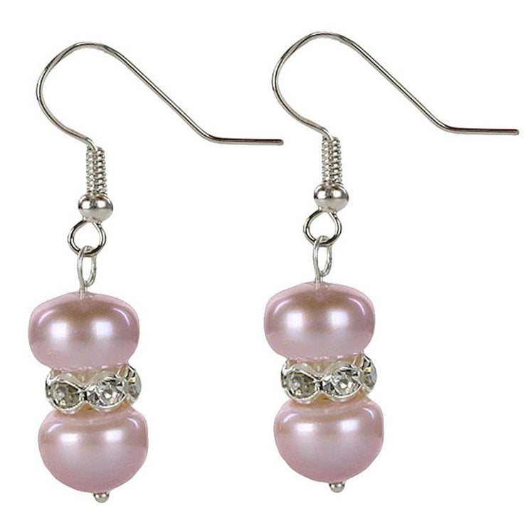 Roze zoetwater parel oorbellen met stras steentjes en sterling zilver 925, vooraanzicht | Bling Pearl Purple