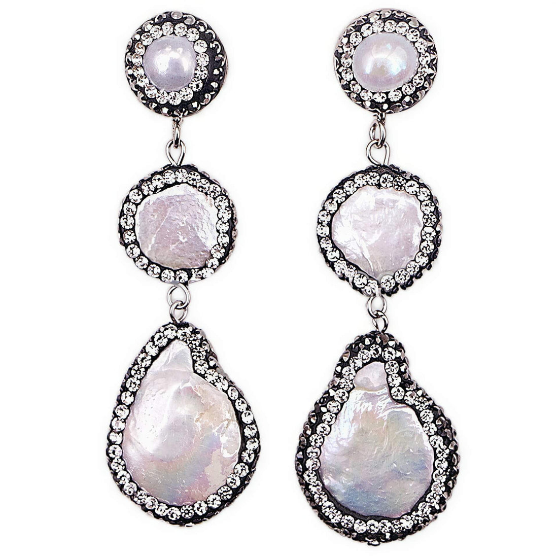 Lange zoetwater parel oorbellen met witte parels en stras steentjes | Bright 3 Pearl