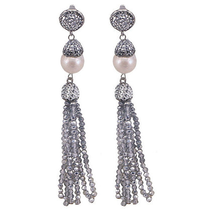 Lange zoetwater parel oorbellen met zilver kristallen kwastje en witte parel | Bright Big Pearl Silver Crystal Tassel