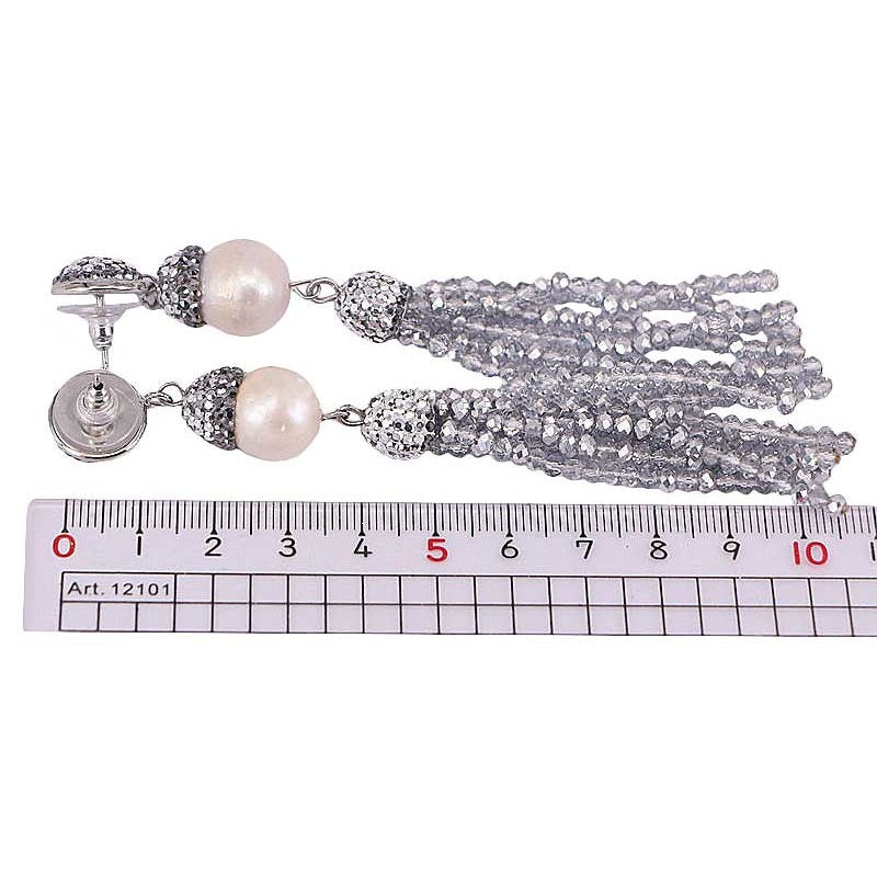 Lange zoetwater parel oorbellen met zilver kristallen kwastje en witte parel, maatindicatie | Bright Big Pearl Silver Crystal Tassel