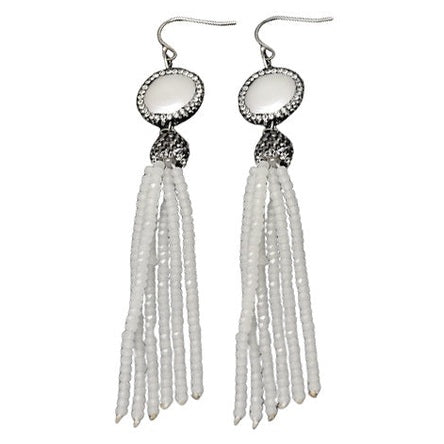 Lange witte parel oorbellen met stras steentjes en sterling zilver (925) | Bright Coin Pearl White Crystal Tassel