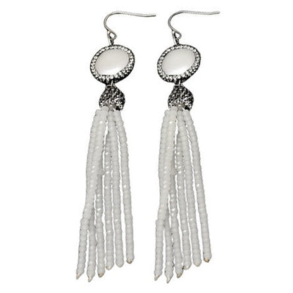 Lange witte parel oorbellen met stras steentjes en sterling zilver (925) | Bright Coin Pearl White Crystal Tassel