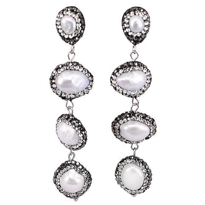 Lange witte zoetwater parel oorbellen met stras steentjes | Bright Four Pearls