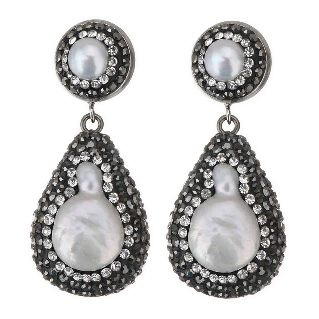 Witte zoetwater parel oorbellen met een rand met zwarte stras steentjes | Bright Pearl Drop