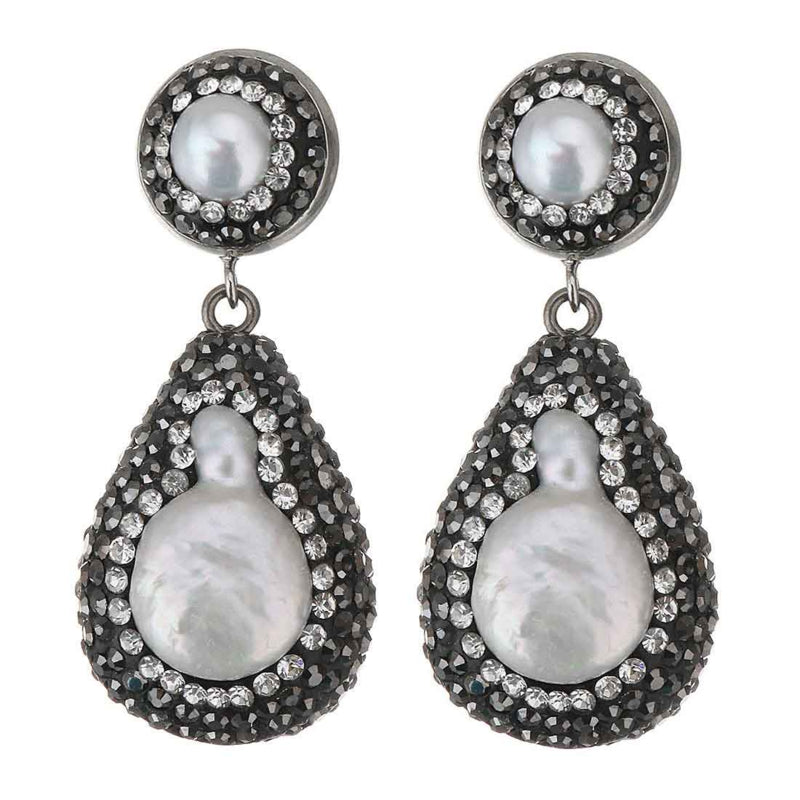 Witte zoetwater parel oorbellen met een rand met zwarte stras steentjes | Bright Pearl Drop