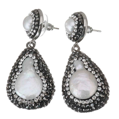 Witte zoetwater parel oorbellen met zwarte stras steentjes  zijaanzicht | Bright Pearl Drop