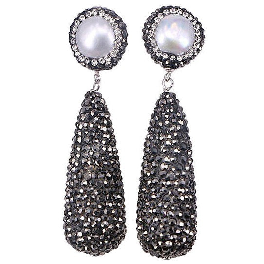 Lange zoetwater parel oorbellen met witte parels met druppel met stras steentjes | Bright Pearl Long Drop