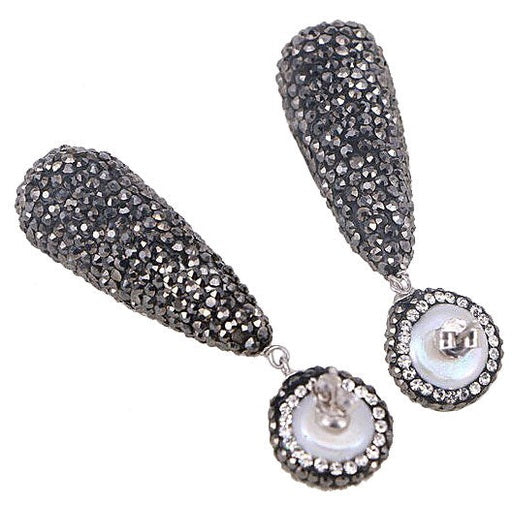 Lange zoetwater parel oorbellen met witte parels met druppel met stras steentjes, achterzijde | Bright Pearl Long Drop