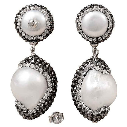 Zoetwater parel oorbellen met stras steentjes, achterzijde | Double Bling Baroque Pearl