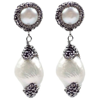 Zoetwater parel oorbellen met stras steentjes, vooraanzicht | Double Bling Baroque Pearl