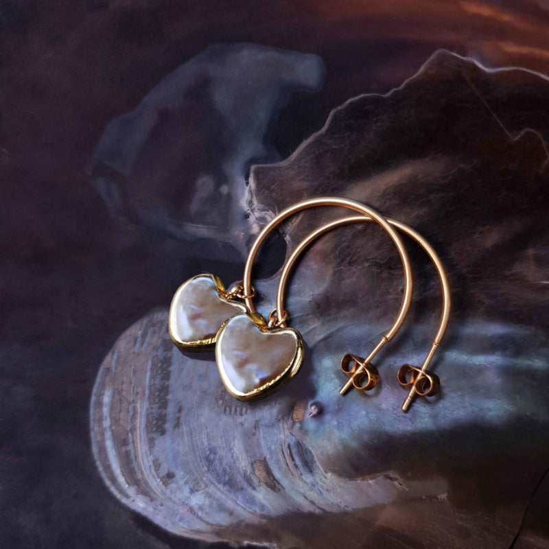 Zoetwater parel oorringen met bruin parel hart en goud edelstaal liggend in schelp | Golden Hope 25 mm Heart Brown Pearl