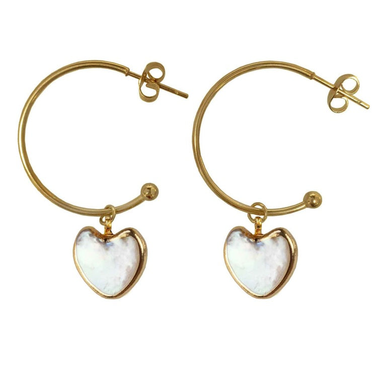 Grote zoetwater parel oorringen met wit parel hart en goud edelstaal | Golden Hope 25 mm Heart White Pearl 