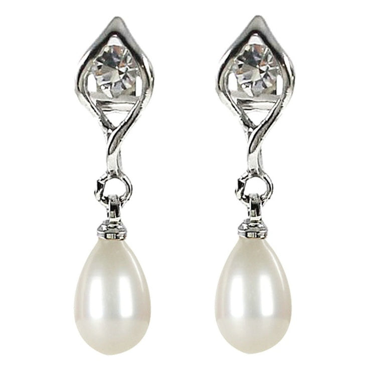 Witte zoetwater parel oorbellen met stras steentje, vooraanzicht | Lena