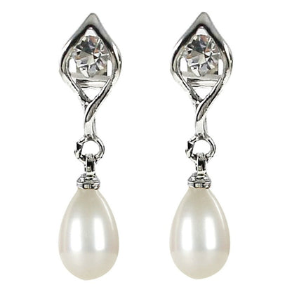 Witte zoetwater parel oorbellen met stras steentje, vooraanzicht | Lena