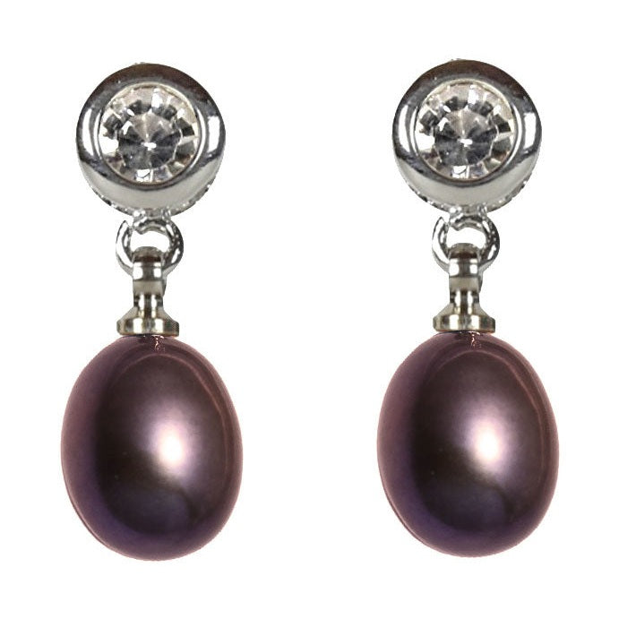 Zoetwater parel oorbellen met bruine parel en stras steentje, vooraanzicht | Lida