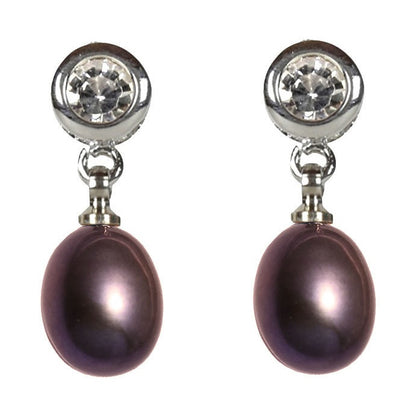 Zoetwater parel oorbellen met bruine parel en stras steentje, vooraanzicht | Lida