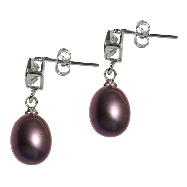 Zoetwater parel oorbellen met bruine parel en stras steentje, zijaanzicht | Lida