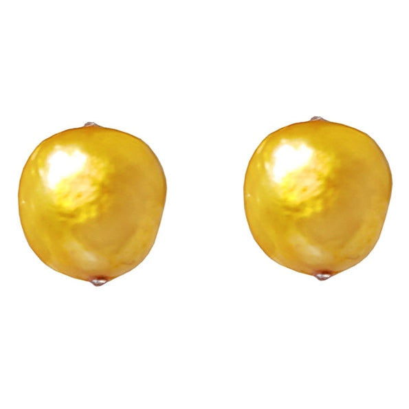 Vooraanzicht van gele zoetwater parel oorbellen, oorknopje | Little Bling Bold Yellow Pearl