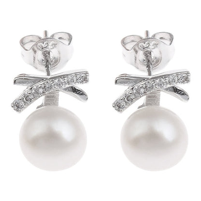Witte zoetwater parel oorbellen met stras steentjes in kruis, witte parelknopjes met stras steentjes | Pearl Bling X