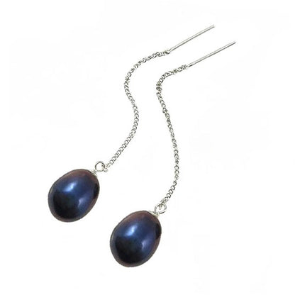 Lange zoetwater parel oorbellen met blauw zwarte parels en sterling zilver (925) liggend | Pearl Chain Black