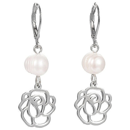 Zoetwater parel oorbellen met witte parel en zilver edelstalen bloem | Pearl Metal Flower