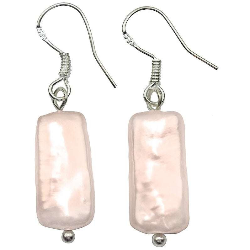 Zoetwater parel oorbellen met zalm kleurige rechthoekige parel en sterling zilver (925) | Pearl Rectangle Peach