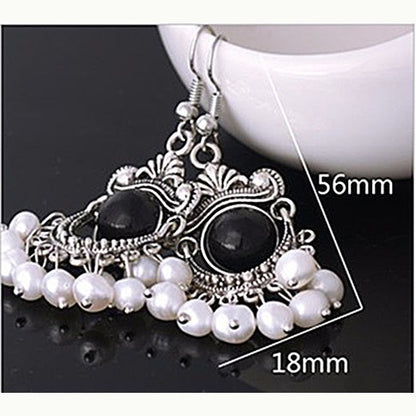 Lange zoetwater parel oorbellen met witte parels en sterling zilver (925) in retro stijl, maat indicatie | Pearl Retro Black